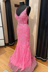Lyserød korset prom kjole elegant en linje dyb v nakke fest aften kjole med applikationer