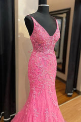 Roze korset prom jurk elegant een lijn Deep V nek feestavondjurk met appliques