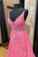 Roze korset prom jurk elegant een lijn Deep V nek feestavondjurk met appliques