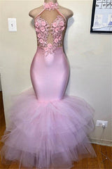 Pink Halter Sleeveless Flower Appliques Tulle Mermaid Prom Party Gowns