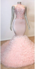 Pink Halter Sleeveless Mermaid Prom Dresses New Arrival Chic Open Back Lace Tulle Evening Gowns