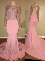 Pink Long-Sleeves Backless Beaded Mermaid Charming Prom Dresses