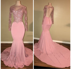 Pink Long-Sleeves Backless Beaded Mermaid Charming Prom Dresses