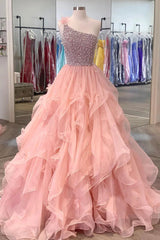 Rosa Prom -Kleid eine Linie eine schulter lange Party Abendkleid mit Perlenrüschen