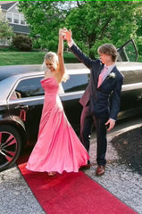 Рожева атласна довга випускна сукня спагетті ремінці - це сукня для вечірок