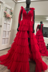 लाल लंबी प्रोम पोशाक राजकुमारी एक लाइन वी नेक पार्टी शाम की पोशाक रफल्स के साथ