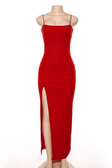रेड पार्टी ड्रेस, भव्य स्पेगेटी-स्ट्रैप्स मरमेड प्रोम ड्रेस लंबे समय तक स्प्लिट इवनिंग गाउन के साथ