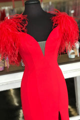 Vestido rojo de graduación sirena v cuello vestido de noche de fiesta larga con plumas