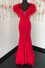 Red Prom Dress Mermaid V Neck Long Party Evening Dress with Feathers