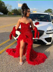 Rode pailletten lange prom -jurken met spleet elegante formele jurken