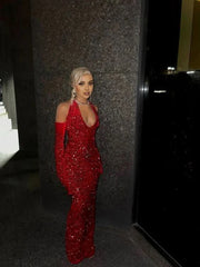 Красное блестки с длинным платьем для выпускного вечера глубоко v Nece Вечернее платье