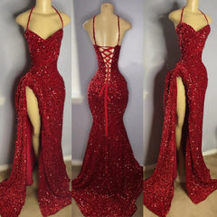 Червоні блискітки випускні сукні високої щілини без рукавів іскромно -довгі вечірні сукні для чорних дівчат