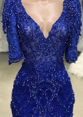 Royal blue Beaded Lace appliques 1/2 sleeve Mermaid Prom Party Gowns
