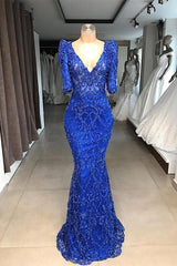 Royal blue Beaded Lace appliques 1/2 sleeve Mermaid Prom Party Gowns