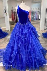 فستان حفلة موسيقية باللون الأزرق الملكي على شكل حرف A بكتف واحد فستان طويل للحفلات المسائية مع الديكور
