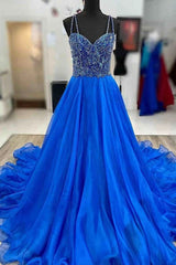 Royal Blue Prom -mekko linja -spagettihihnat pitkät juhla -iltapuku helmissä