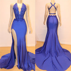 Royal Blue V-neck Open back Side Slit Mermaid Beads Lace Prom Dresses