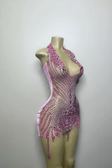 Sequined Mermaid Halter Jersey Beading Sleeveless Mini Rhinestone Party Dress With Feather