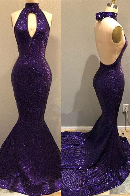 Sequins Halter Grape Prom Party Gowns| Backless Long Evening Gowns