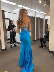 Sexy vestido de graduación de la sirena azul con la pendiente, el vestido de noche de espalda con cordones con cordones