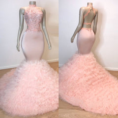 Sexy Chiffon High Collar Mermaid Prom Dress Sequins Pink Long
