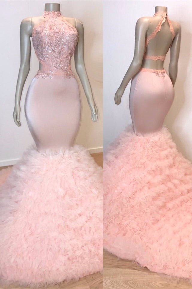 Sexy Chiffon High Collar Mermaid Prom Dress Sequins Pink Long