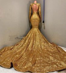 Sexy Long Sleeves Gold Mermaid Prom Dress Sequins V-neck Backless Long