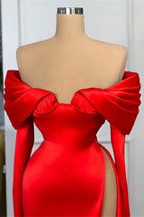 Sexy Red Long Sleeves Mermaid Prom Dress Off-the-Shoulder With Slit