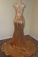 Sexy Spaghetti Straps V-Neck Mermaid Prom Dress Sequins Long Chiffon Gold With Split