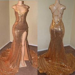 Sexy Spaghetti Straps V-Neck Mermaid Prom Dress Sequins Long Chiffon Gold With Split