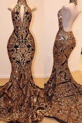 Sexy V-neck Halter Backless Mermaid Prom Dress Gold Sequins Long Backless