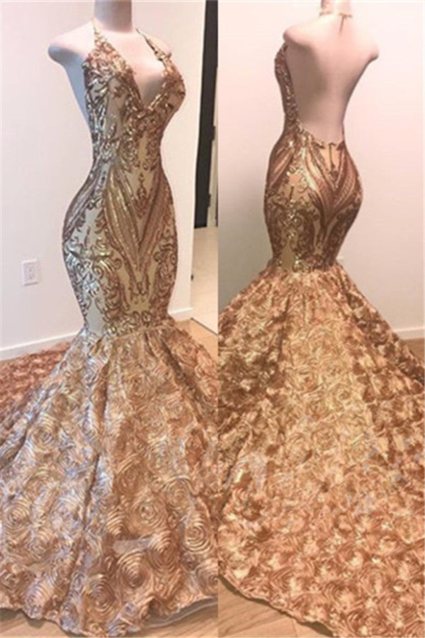Sexy V-Neck Halter Gold Mermaid Prom Dress Sequins Backless Long