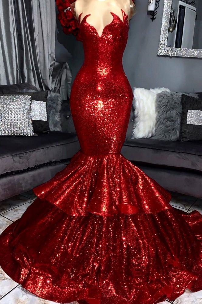 Shining Hot Red Mermaid Prom Party Gowns with Ruffles