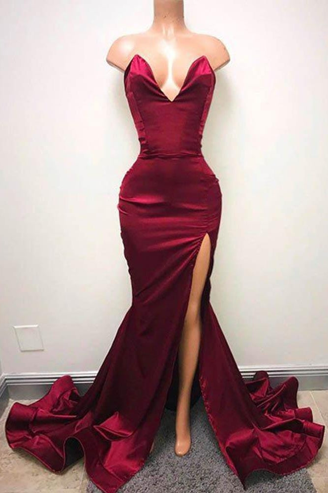 Sleeveless Sweetheart Front-Split Chic Sweep-Train Prom Party Gowns