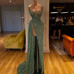 Spaghetti-Starps Shinning Sequins Mermaid Prom Dress With Split
