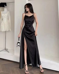 Spaghetti Straps Black A Line Satin Long Prom Dresses With Slit