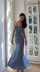 Spaghetti Straps Blue Mermaid Long Prom Dresses