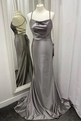 Spaghetti stropper Gray Mermaid Satin Long Prom Dress