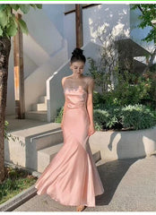Spaghetti Straps Pink Mermaid Long Prom Dresses