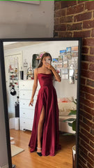 Spaghetti Straps Red Long Prom Dresses,Satin A-Line Evening Gown with Slit