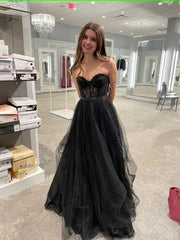 Strapless A Line Tulle Prom Dress Black Lace Evening Gown