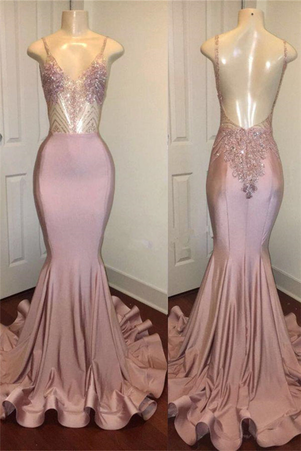 Trendy Pink Beads Spaghetti Strap Prom Party Gowns| Mermaid Prom Party Gowns