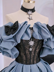 Unique Blue Prom Dress Off Shoulder Satin Lace Long Evening Dresses