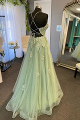 V Neck A Line Green Tulle Long Prom Dresses With Applique