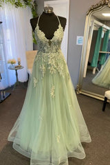 V Neck A Line Green Tulle Long Prom Dresses With Applique