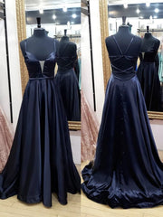 V Hals Black Satin Long Prom -jurken, Black V Neck Lange Satijnen formele avondjurken