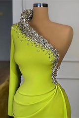 Yellow Green Long Sleeves One Shoulder Prom Dress Mermaid With Beads