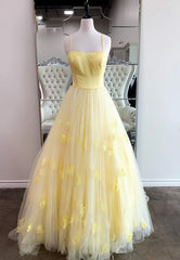 Prom Look, Yellow Spaghetti Strap Long Prom Dresses, A-Line Evening Dresses