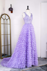 Party Dress On Line, Lavender Plunging V Neck Appliques Layers Long Prom Dress with Slit