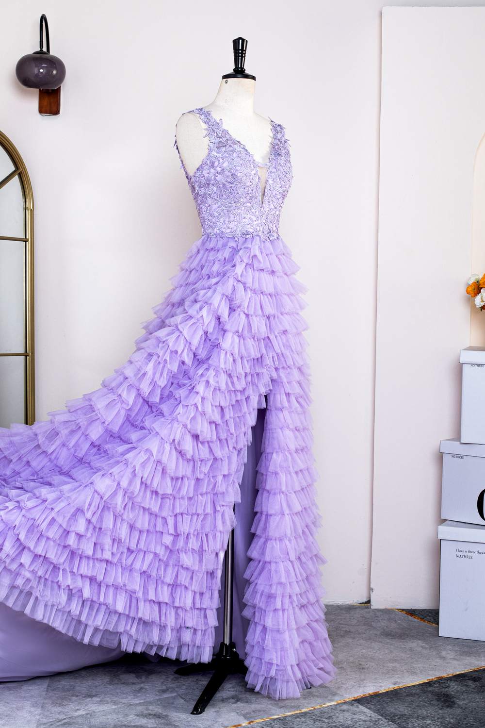 Party Dress Style Shop, Lavender Plunging V Neck Appliques Layers Long Prom Dress with Slit